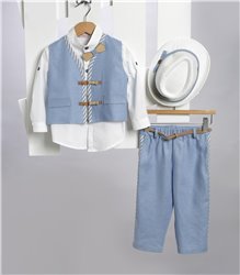 2701-2 Σιέλ λινό παντελόνι, άσπρο βαμβακερό πουκάμισο και σιέλ λινό γιλέκο.