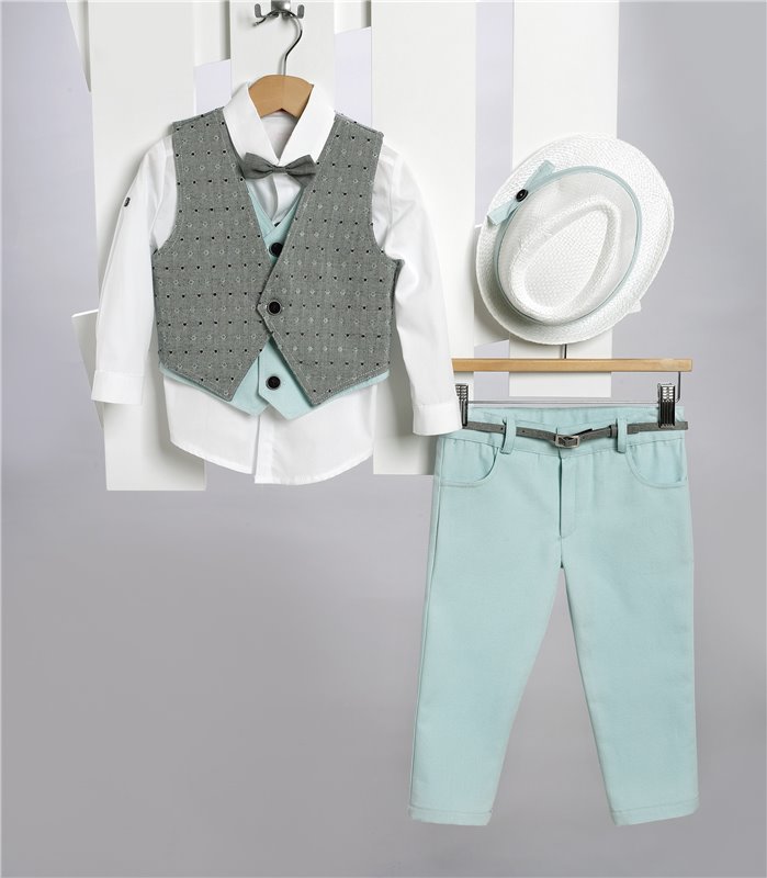 2703-2 Βεραμάν καμπαρντίνα παντελόνι, άσπρο βαμβακερό πουκάμισο και γκρι καμπαρντίνα γιλέκο.