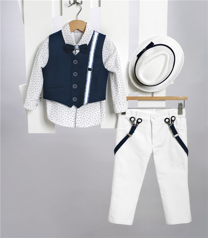 2705-1 Άσπρη καμπαρντίνα παντελόνι, άσπρο εμπριμέ βαμβακερό πουκάμισο και μπλε καμπαρντίνα γιλέκο.