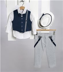 2705-2 Ραφ καμπαρντίνα παντελόνι, άσπρο εμπριμέ βαμβακερό πουκάμισο και μπλε καμπαρντίνα γιλέκο.