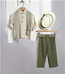2709-2 Λαδί λινό παντελόνι και μπεζ βαμβακερή πουκαμίσα.