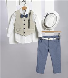 2711-2 Ραφ καμπαρντίνα παντελόνι, άσπρο βαμβακερό πουκάμισο και εκρού καμπαρντίνα γιλέκο.