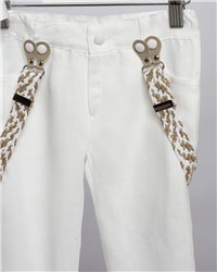 2715-1 Άσπρο λινό παντελόνι, άσπρο βαμβακερό πουκάμισο και μπεζ καμπαρντίνα γιλέκο.