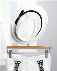2715-2 Άσπρο λινό παντελόνι, άσπρο βαμβακερό πουκάμισο και μπλε καμπαρντίνα γιλέκο.
