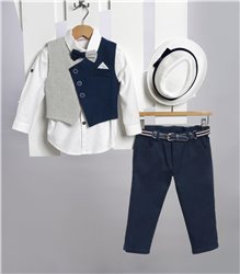 2717-2 Μπλε καμπαρντίνα παντελόνι, άσπρο βαμβακερό πουκάμισο και μπλε καμπαρντίνα γιλέκο.