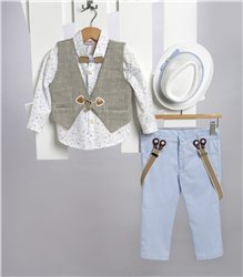 2719-2 Σιέλ καμπαρντίνα παντελόνι, άσπρο εμπριμέ βαμβακερό πουκάμισο και μπεζ καμπαρντίνα γιλέκο.