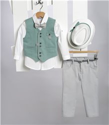2725-2 Γκρι καμπαρντίνα παντελόνι, άσπρο βαμβακερό πουκάμισο και βεραμάν καμπαρντίνα γιλέκο.