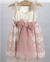 2710-6 Σάπιο μήλο φόρεμα από δαντέλα στολισμένο με τούλινη ζώνη και δαντελένιο λουλούδι.