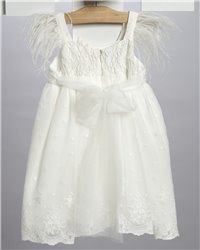 2712-2 Εκρού φόρεμα από τούλινη δαντέλα στολισμένο με τούλινα λουλούδια.