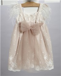 2712-3 Μπεζ φόρεμα από τούλινη δαντέλα στολισμένο με τούλινα λουλούδια.