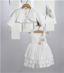2718-1 Άσπρο φόρεμα από τούλι στολισμένο με τούλινα λουλούδια και κορδελάκια.