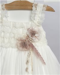 2718-2 Εκρού φόρεμα από τούλι στολισμένο με τούλινα λουλούδια και κορδελάκια.