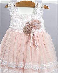 2718-4 Ροζ φόρεμα από τούλι στολισμένο με τούλινα λουλούδια και κορδελάκια.