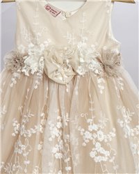 2720-3 Μπεζ φόρεμα από δαντέλα στολισμένο με τούλινη ζώνη και δαντελένια λουλούδια.
