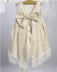 2726-3 Μπεζ σατέν φόρεμα στολισμένο με δαντελένιο λουλούδι.
