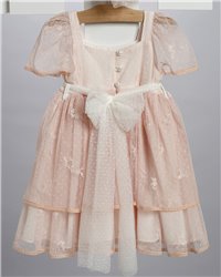2728-5 Σωμόν φόρεμα από τούλι στολισμένο με τούλινη ζώνη και δαντελένια λουλούδια.