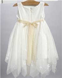 2732-2 Εκρού φόρεμα από τούλι στολισμένο με δαντελένια λουλούδια και κορδελάκια.