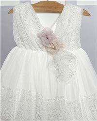 2736-2 Εκρού φόρεμα από γκλίτερ τούλι στολισμένο με γκλίτερ τούλινα λουλούδια.
