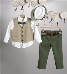2801-1 Λαδί καμπαρντίνα παντελόνι, άσπρο βαμβακερό πουκάμισο και μπεζ καμπαρντίνα γιλέκο.