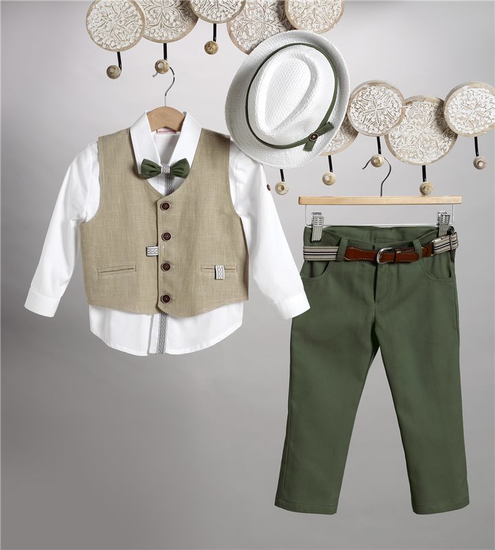 2801-1 Λαδί καμπαρντίνα παντελόνι, άσπρο βαμβακερό πουκάμισο και μπεζ καμπαρντίνα γιλέκο.
