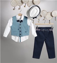 2801-3 Μπλε καμπαρντίνα παντελόνι, άσπρο βαμβακερό πουκάμισο και πετρόλ καμπαρντίνα γιλέκο.