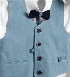 2801-3 Μπλε καμπαρντίνα παντελόνι, άσπρο βαμβακερό πουκάμισο και πετρόλ καμπαρντίνα γιλέκο.