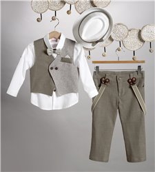 2805-1 Καφέ καμπαρντίνα παντελόνι, άσπρο βαμβακερό πουκάμισο και καφέ καμπαρντίνα γιλέκο.