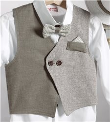 2805-1 Καφέ καμπαρντίνα παντελόνι, άσπρο βαμβακερό πουκάμισο και καφέ καμπαρντίνα γιλέκο.