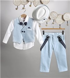 2805-2 Σιέλ καμπαρντίνα παντελόνι, άσπρο βαμβακερό πουκάμισο και σιέλ καμπαρντίνα γιλέκο.