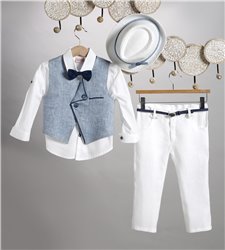 2807-1 Άσπρο λινό παντελόνι, άσπρο βαμβακερό πουκάμισο και μπλε καμπαρντίνα γιλέκο.