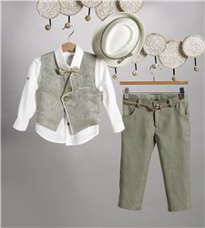 2807-2 Χακί λινό παντελόνι, εκρού βαμβακερό πουκάμισο και μπεζ καμπαρντίνα γιλέκο.