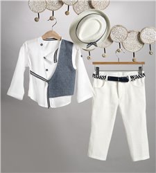 2809-1 Εκρού καμπαρντίνα παντελόνι, εκρού βαμβακερό πουκάμισο με ενσωματωμένο μπλε καμπαρντίνα γιλέκο.