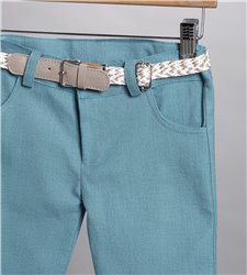 2809-3 Πετρόλ καμπαρντίνα παντελόνι, εκρού βαμβακερό πουκάμισο με ενσωματωμένο μπεζ καμπαρντίνα γιλέκο.