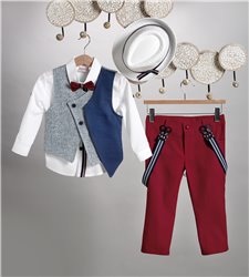 2811-1 Κόκκινη καμπαρντίνα παντελόνι, άσπρο βαμβακερό πουκάμισο και μπλε καμπαρντίνα γιλέκο.