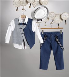 2811-2 Μπλε καμπαρντίνα παντελόνι, άσπρο βαμβακερό πουκάμισο και μπλε καμπαρντίνα γιλέκο.
