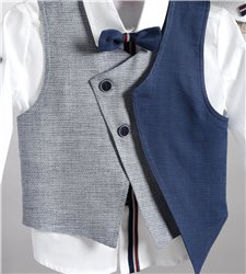 2811-2 Μπλε καμπαρντίνα παντελόνι, άσπρο βαμβακερό πουκάμισο και μπλε καμπαρντίνα γιλέκο.