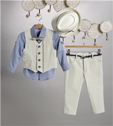 2813-1 Εκρού καμπαρντίνα παντελόνι, ραφ βαμβακερό πουκάμισο και εκρού καμπαρντίνα γιλέκο.