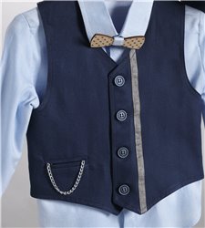 2813-3 Μπλε καμπαρντίνα παντελόνι, σιέλ βαμβακερό πουκάμισο και μπλε καμπαρντίνα γιλέκο.