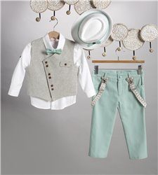 2817-2 Βεραμάν καμπαρντίνα παντελόνι, άσπρο βαμβακερό πουκάμισο και μπεζ καμπαρντίνα γιλέκο.