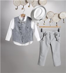 2817-3 Γκρι καμπαρντίνα παντελόνι, άσπρο βαμβακερό πουκάμισο και γκρι καμπαρντίνα γιλέκο.