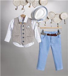 2819-2 Σιέλ λινό παντελόνι, άσπρο εμπριμέ βαμβακερό πουκάμισο και μπεζ καμπαρντίνα γιλέκο.