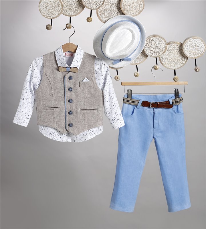 2819-2 Σιέλ λινό παντελόνι, άσπρο εμπριμέ βαμβακερό πουκάμισο και μπεζ καμπαρντίνα γιλέκο.