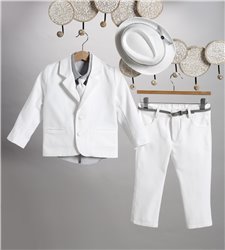 2821-1 Άσπρη καμπαρντίνα παντελόνι, γκρι βαμβακερό πουκάμισο και άσπρη καμπαρντίνα σακάκι.