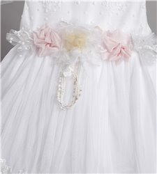 2820-1 Άσπρο φόρεμα από τούλι στολισμένο με τούλινα λουλούδια.