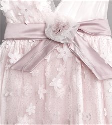 2830-4 Ροζ φόρεμα από ιριζέ τούλι κεντημένο με λουλούδια στολισμένο με σατέν ζώνη και τούλινο λουλούδι.