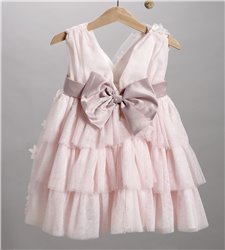 2830-4 Ροζ φόρεμα από ιριζέ τούλι κεντημένο με λουλούδια στολισμένο με σατέν ζώνη και τούλινο λουλούδι.